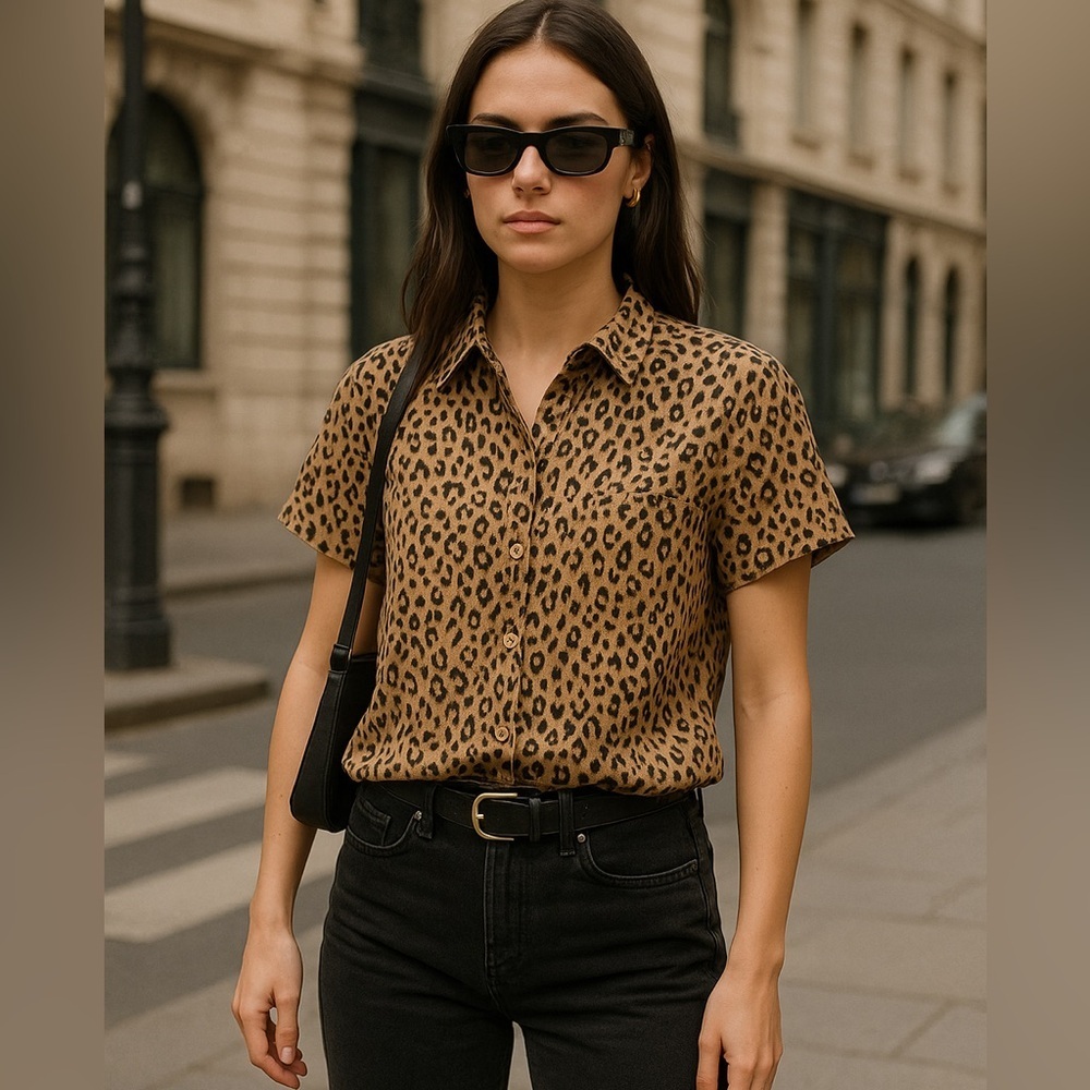 leopard Animal Print short sleeve button up Shirt top
